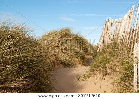 Low Down Image Of Soft Pale Sand With Long Grass And Old Fence At Conwy Morfa Beach, Wales