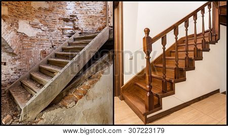 Comparison Of Modern Brown Wooden Oak Staircase With Carved Railing In New Renovated Apartment Inter