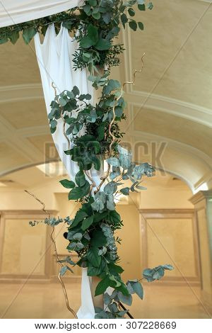 Beautiful Wedding Huppah Decorated With Fresh Fresh Flowers From Hydrangea And Eucalyptus Sheets In 