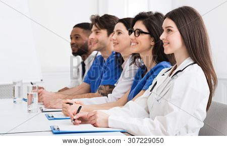 Medical Lecture. Interns And Doctors Listening Seminar In Hospital