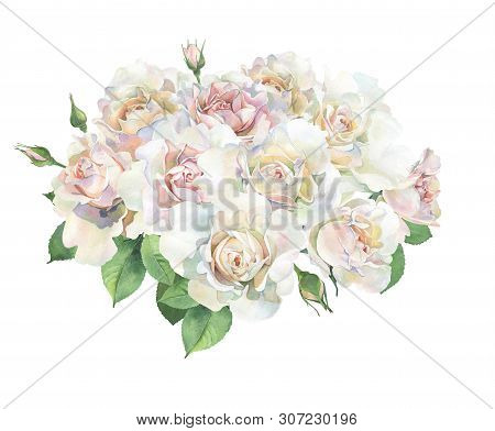 A Bouquet Of Roses On A White Background. For Greetings, Invitations