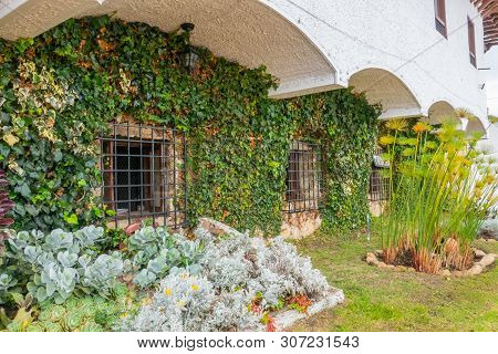 Guatavita,  Colombia June 16 Garden With Decorative Tropical Plants  Located In Front Of A Colonial 