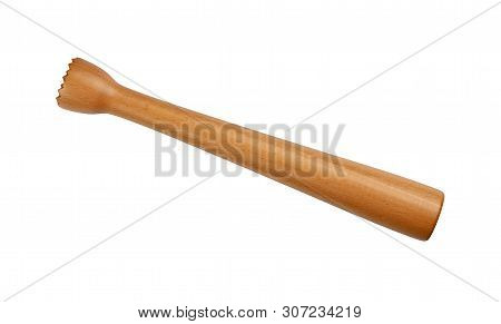 Close Up Traditional Brown Wooden Muddler To Mash Fruits For Mojito Isolated On White Background, Hi