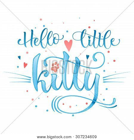 Hello Little Kitty Quote. Baby Shower Hand Drawn Calligraphy Style Lettering Phrase.