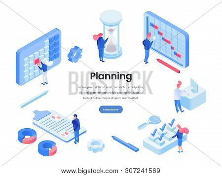 Planning Work Hours Isometric Website Template. Professional Time Management Landing Page Layout Wit