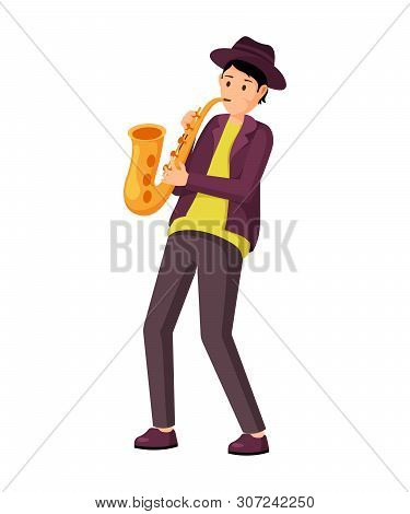 Saxophonist With Instrument Vector Illustration. Professional Musician Wearing Hat, Playing Saxophon