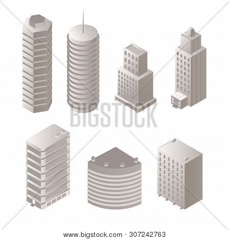 Urban Buildings Isometric Illustrations Set. Modern Architecture, Monochrome Skyscrapers. Futuristic