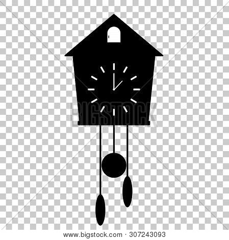Vector Icon Of Black Clock With Cuckoo On White Background. Home Appliances