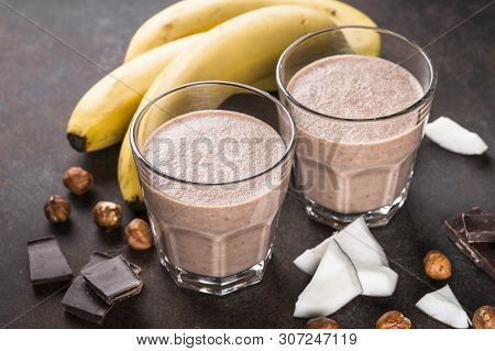 Chocolate Banana Coconut Hazelnut Milkshake Or Smoothie. Healthy Organic Drink.