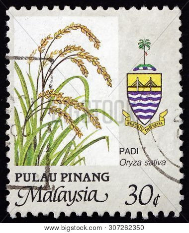 Malaysia - Circa 1986: A Stamp Printed In Malaysia Shows Rice (oryza Sativa), And State Arms, Circa 