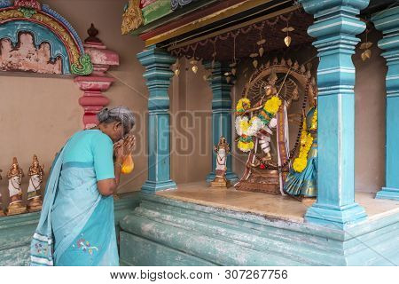 Kuala Lumpur, Malaysia. January 2019. View Of The Faithful Inside The  Sri Mahamariamman Indu Temple