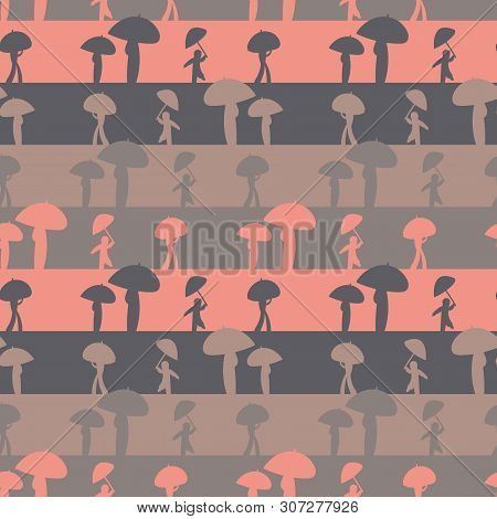 A Seamless Vector Stipes Pattern With People On Rainy Day. Surface Print Design.