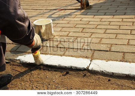 One Man Round Brush Paints White Paint Curbstone Near The Road