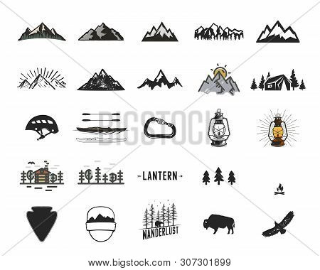 Vintage Camping Icons And Adventure Symbols Illustrations Set. Hiking Shapes Of Mountains, Trees, Wi