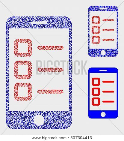 Pixel And Mosaic Mobile Test Items Icons. Vector Icon Of Mobile Test Items Created Of Scattered Sphe