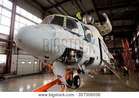 Tyumen, Russia - June 19, 2019: Aircraft Repair Helicopter Utair Engineering Plant. Mi-26 Helicopter