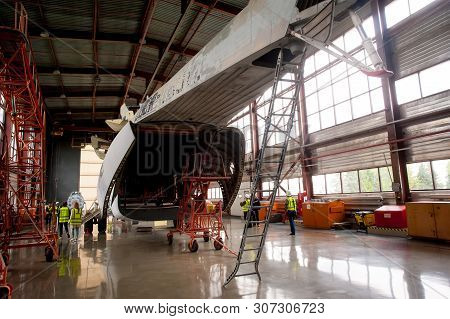 Tyumen, Russia - June 19, 2019: Aircraft Repair Helicopter Utair Engineering Plant. Mi-26 Helicopter