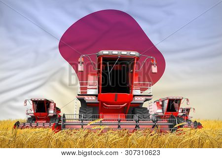 Four Bright Red Combine Harvesters On Grain Field With Flag Background, Japan Agriculture Concept - 