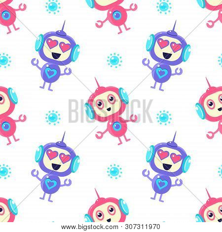 Cute Robots Seamless Pattern, Friendly Alien Or Robot Design Element Can Be Used For Fabric, Wallpap