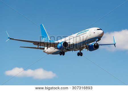 Moscow, Russia - April 03, 2019: Aircraft Boeing 737-8al(wl) Vp-bps Of Pobeda Airline Going To Landi