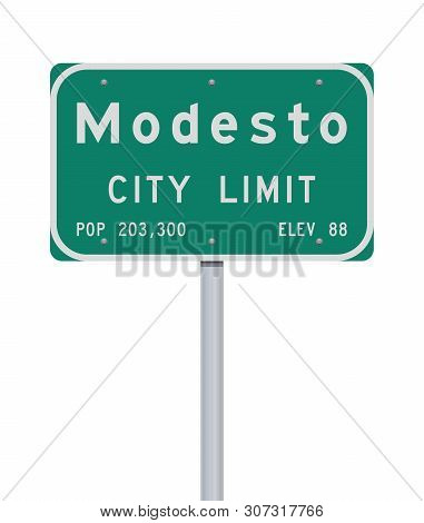 Vector Illustration Of The Modesto City Limit Green Road Sign