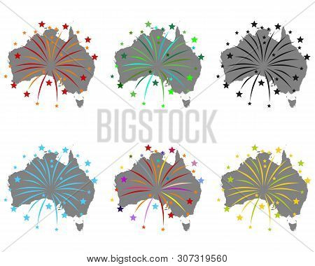 Detailed And Accurate Illustration Of Map Of Australia With Fireworks