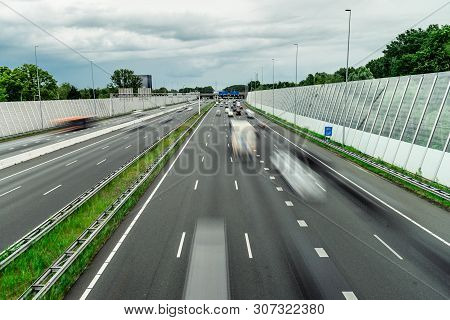 Traffic On The Highway, Ring East A10, Motion Blurred Traffic, 06/14/2019 Amsterdam The Netherlands