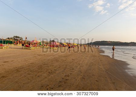 Goa, India - December 20, 2018: View Of The Morjim Beach. Beach Life