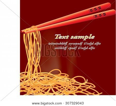Chinese Chopsticks And Egg Noodles On Red Background