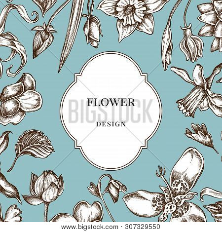 Badge Over Design With Ylang-ylang, Impatiens, Daffodil, Tigridia, Lotus, Aquilegia