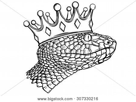 Hand-drawn Vintage Snake With Crown Tattoo Art. Vector Illustration Isolated. Aged Design Linear Sty