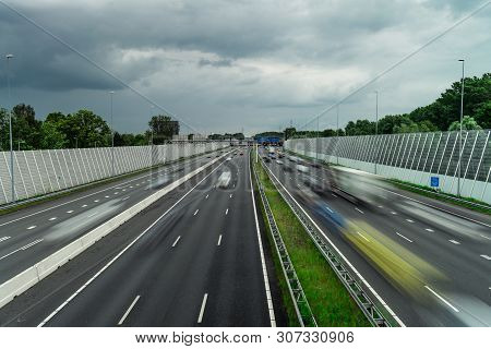 Traffic On The Highway, Ring East A10, Motion Blurred Traffic, 06/14/2019 Amsterdam The Netherlands