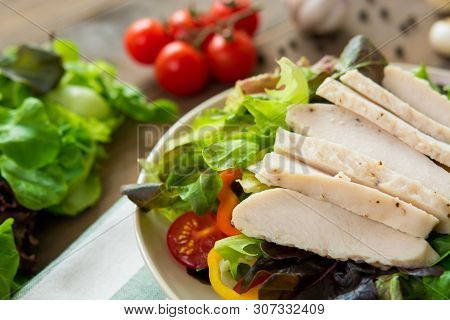 Healthy Food, Mix Fresh Vegetable Salad Toppped With Skinless Boiled Chicken Breast