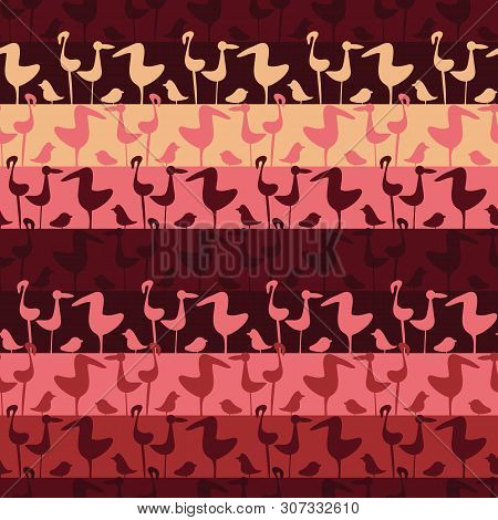 A Seamless Vector Stripes Pattern With Rows Of Pink Birds. Surface Print Design.
