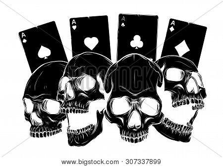 Aces Of Poker And Roses With Skull, Grunge Vintage Vector