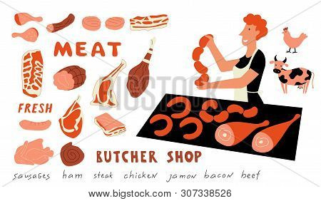 Meat Funny Doodle Set. Cute Cartoon Woman, Food Market Seller With Fresh Farm Products. Hand Drawn V
