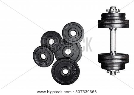 Gym Dumbbells With Black Metal Weights 1kg And 2kg, Isolated On White Background With Clipping Path.
