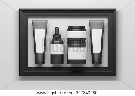 Set Of Black Cosmetics Packaging Bottles Tubes Collection With White Blank Clear Labels Inframed In 