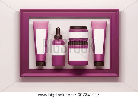 Set Of Pink Cosmetics Packaging Bottles Tubes Collection With White Blank Clear Labels Inframed In L