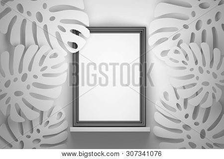 Extra Large Black Picture Photo Frame With Copy Blank Space With Large Monstera Plant Leaves Decorat