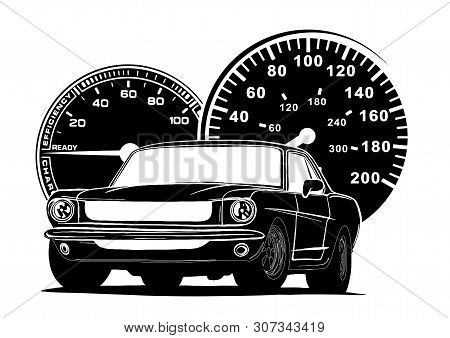 Retro Muscle Car Vector Illustration. Vintage Poster Of Reto Car. Old Mobile Isolated On White.