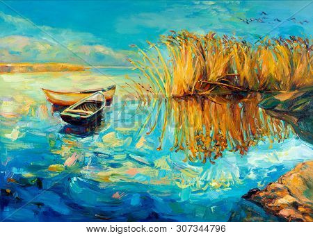 Original Oil Painting Of Boats,beautiful Lake And Fern(rush) On Canvas.sunset Over Ocean.modern Impr
