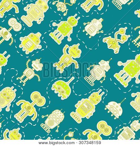 Vector Seamless Background With Colorful Illustration Of Cute Robots. Can Be Used For Wallpaper, Pat