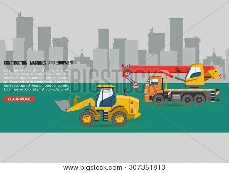 Vector Excavator For Construction. Digger Or Bulldozer Excavating With Shovel And Excavation Crane M
