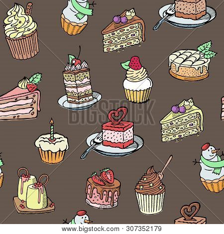 Cupcakes Seamless Vector Pattern Sketch Style On Retro Brown Background. Sweet Cakes Background Desi