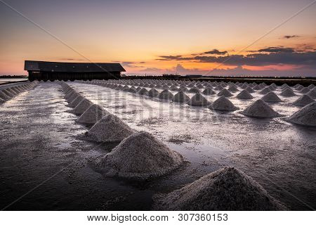 Beautiful Landscape At Sunset Salt Farming. Sea-salt Production In The Country, Sunset In Salt Farmi
