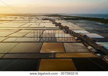Beautiful Landscape At Sunset Salt Farming. Sea-salt Production In The Country, Sunset In Salt Farmi