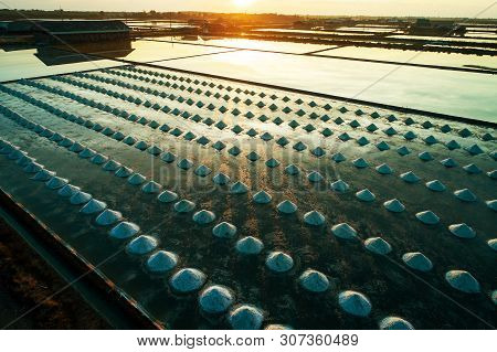 Beautiful Landscape At Sunset Salt Farming. Sea-salt Production In The Country, Sunset In Salt Farmi