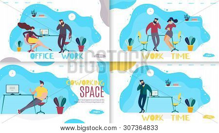 Office Work Time And Coworking Space Lettering Landing Page Set. Efficient Working And Rest Hours Di