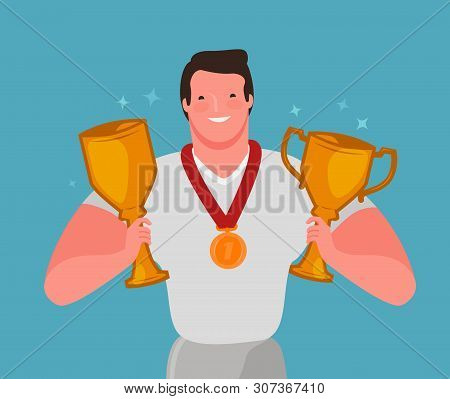 Champion With Winner Cup And Medal. Championship, Sport Concept. Cartoon Vector Illustration